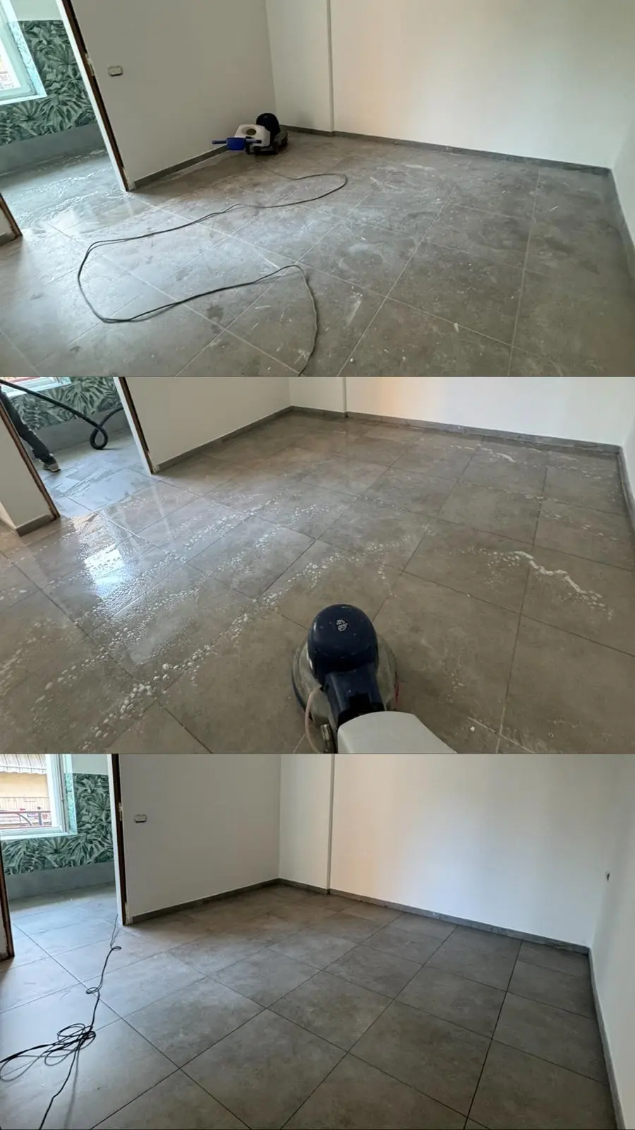 Tre fasi a confronto: prima, durante e dopo il trattamento di lucidatura di un pavimento in marmo
