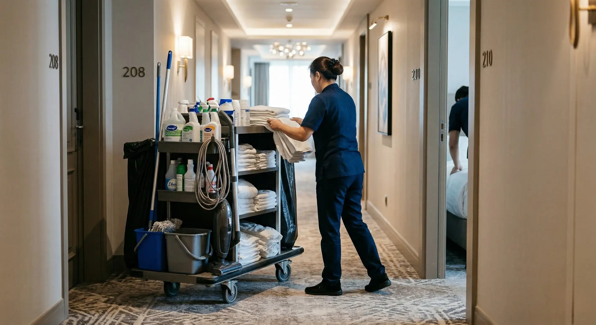 Riassetto impeccabile di una camera matrimoniale in un hotel di lusso con standard di pulizia alberghiera