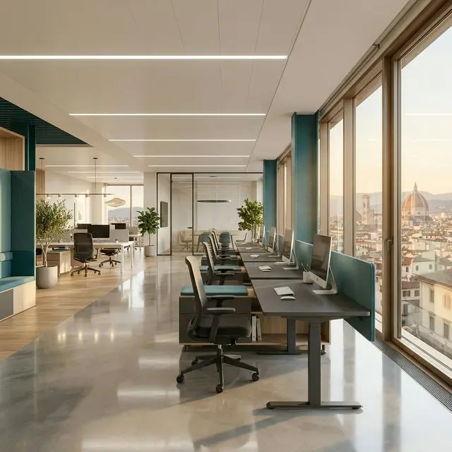 Interno di un ufficio moderno a Parma perfettamente pulito e ordinato dopo un intervento di igienizzazione