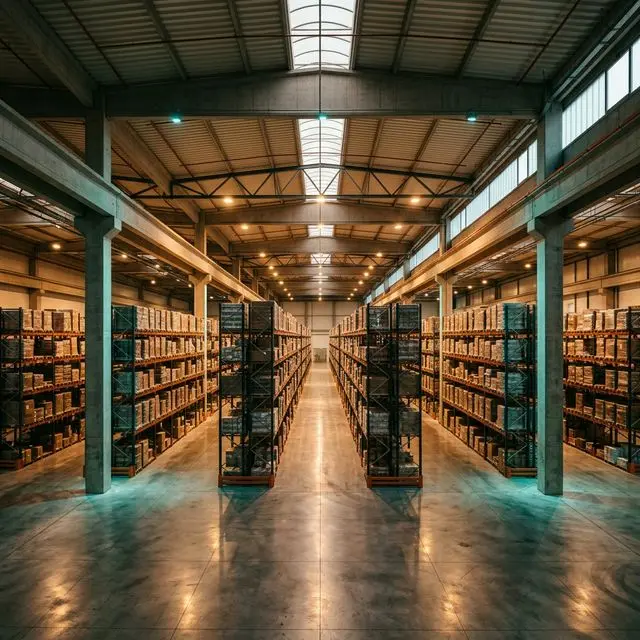 Macchinario lavasciuga uomo a bordo in funzione su un pavimento industriale in un magazzino logistico