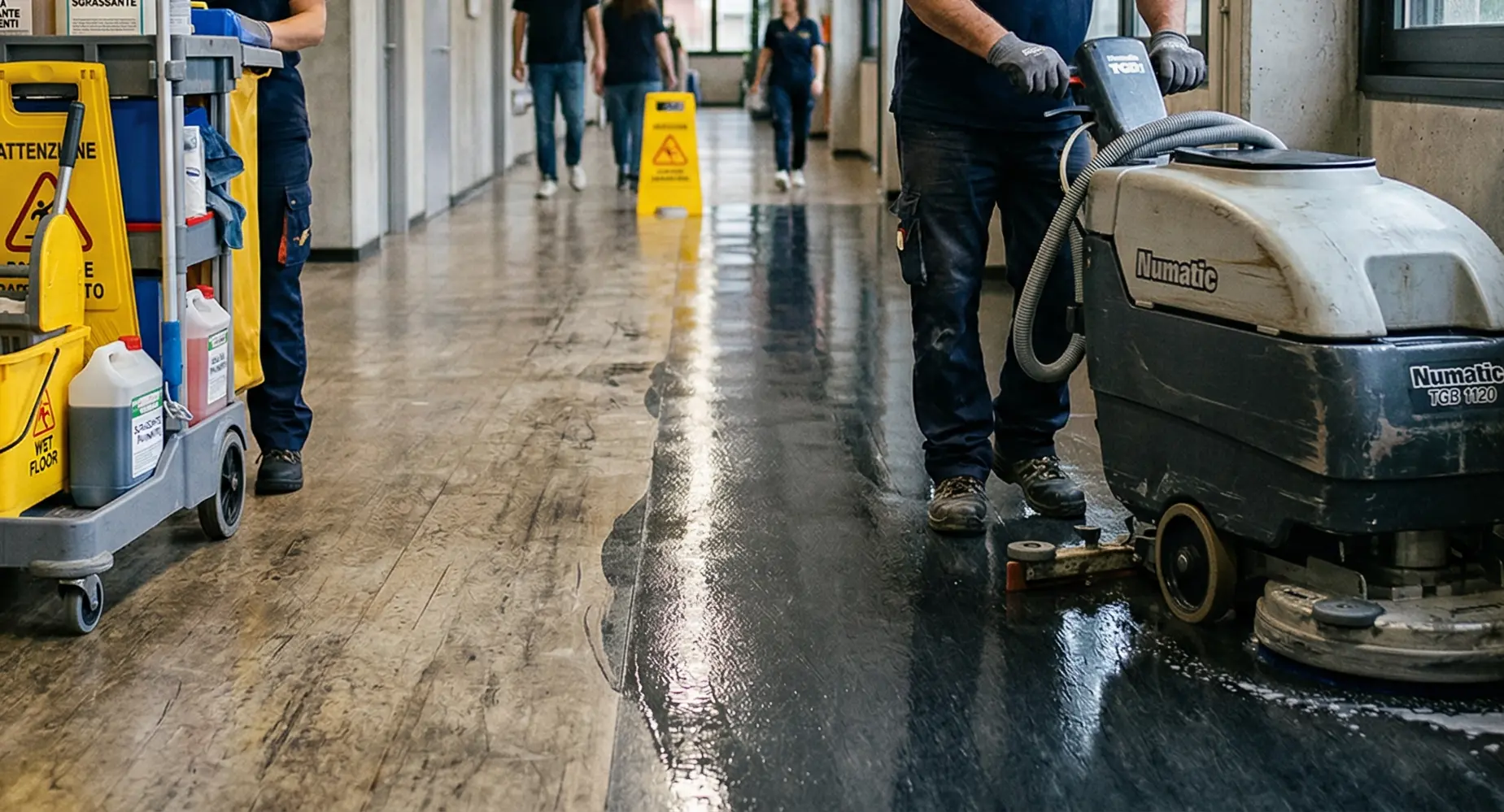 Operatore esperto durante il trattamento di cristallizzazione marmo per un effetto lucido specchiato