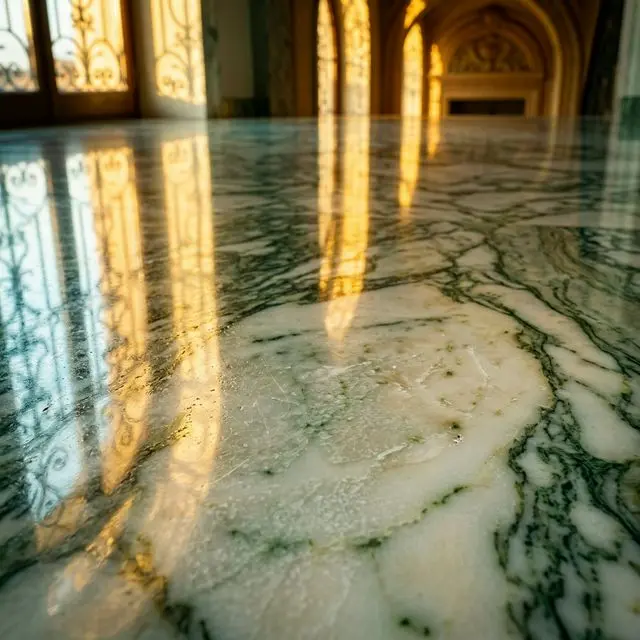 Pavimento in marmo cristallizzato che riflette la luce con effetto a specchio naturale